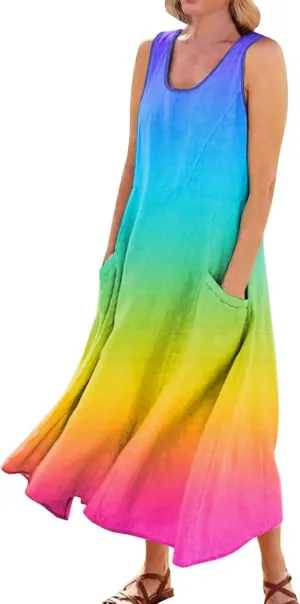 Plus Size Summer Dresses U Neck Sleeveless Sundress A-Line Floral Print Boho Dress Casual Beach Dress with Pockets