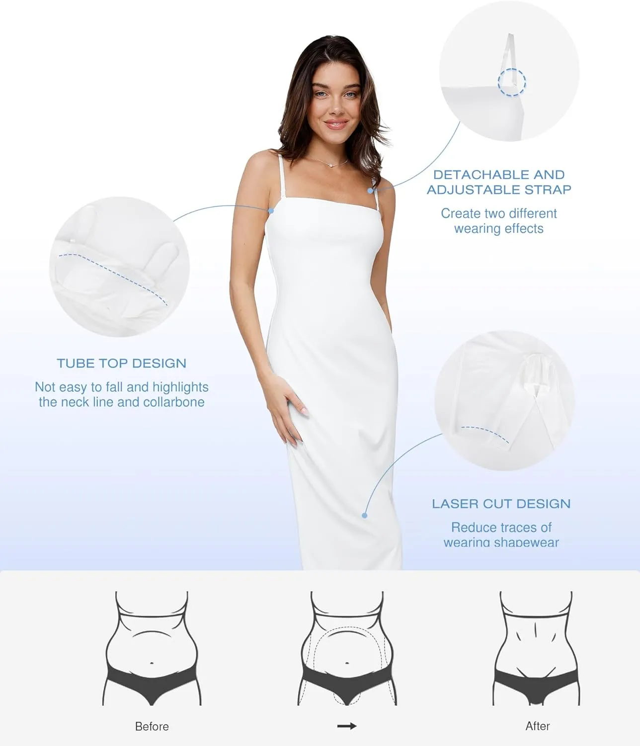 Popilush Maxi Womens Shapewear Dress Long Dresses Built-in Bra Slip with Adjustable Straps Bodycon Tube