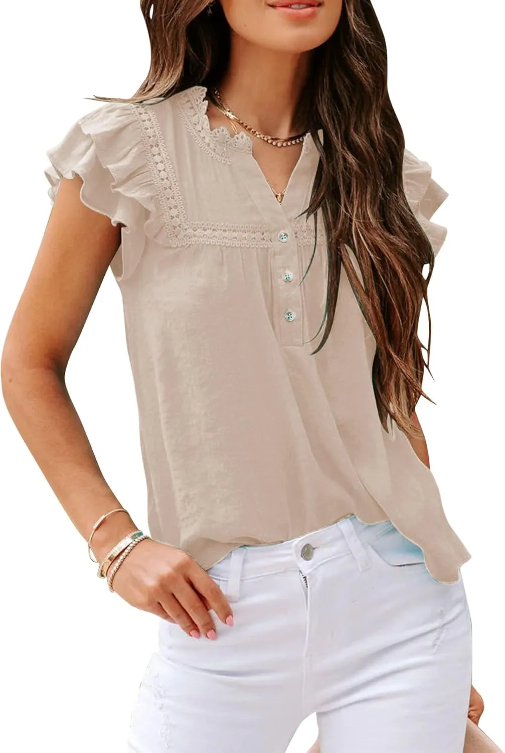 PRETTODAY Women's V Neck Lace Crochet Shirts Button Down Short Sleeve Casual Blouse Tops