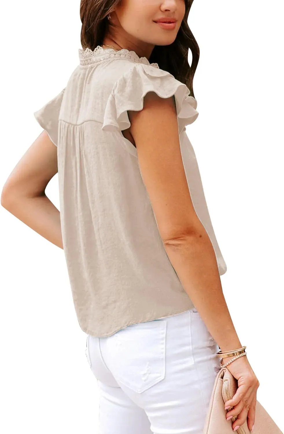 PRETTODAY Women's V Neck Lace Crochet Shirts Button Down Short Sleeve Casual Blouse Tops
