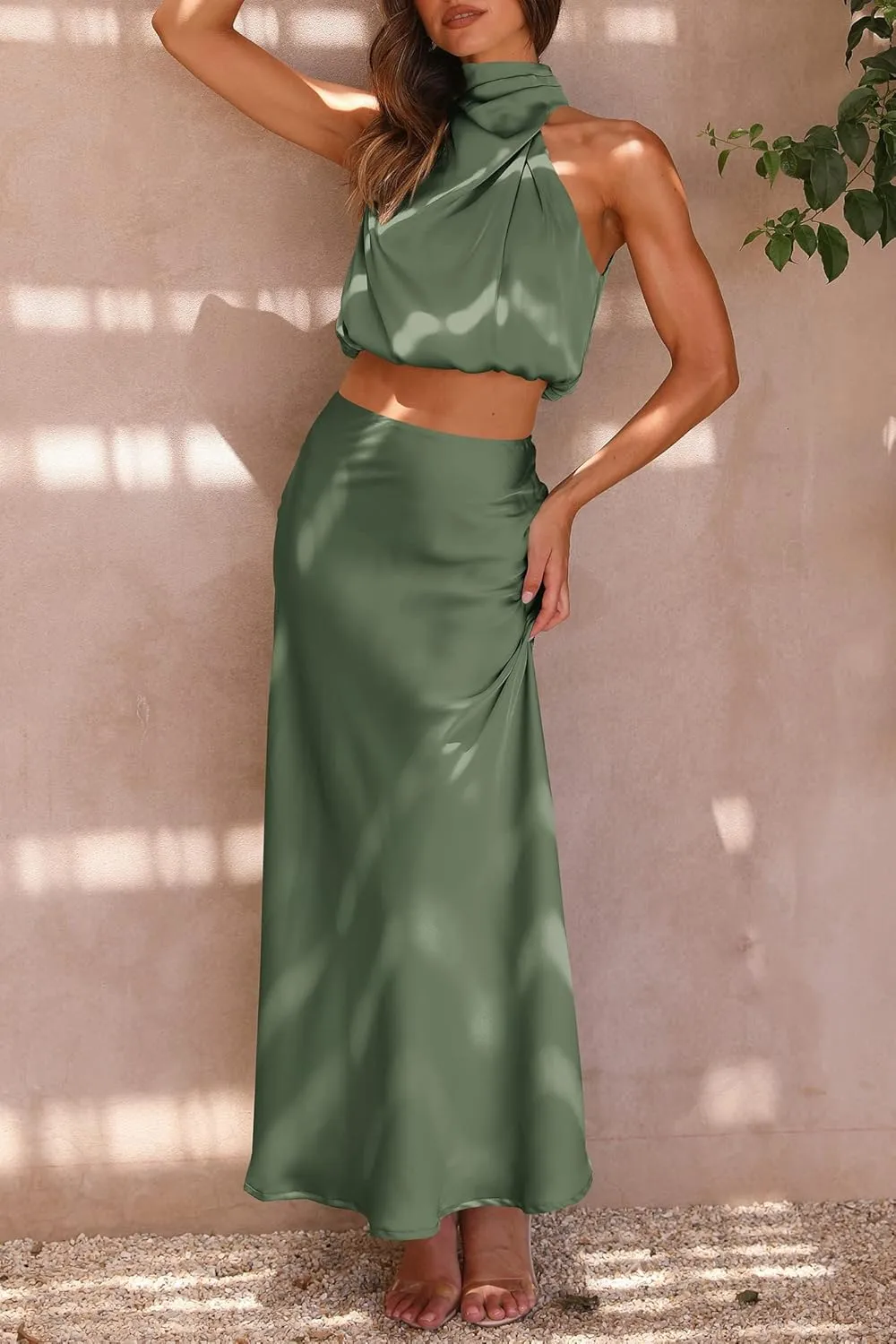 PRETTYGARDEN Women's 2 Piece Satin Outfits Summer Sleeveless Mock Neck Crop Tops and Long Skirt Dress Sets