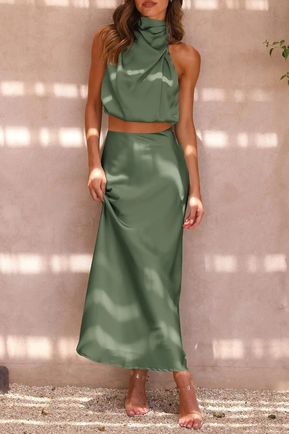 PRETTYGARDEN Women's 2 Piece Satin Outfits Summer Sleeveless Mock Neck Crop Tops and Long Skirt Dress Sets