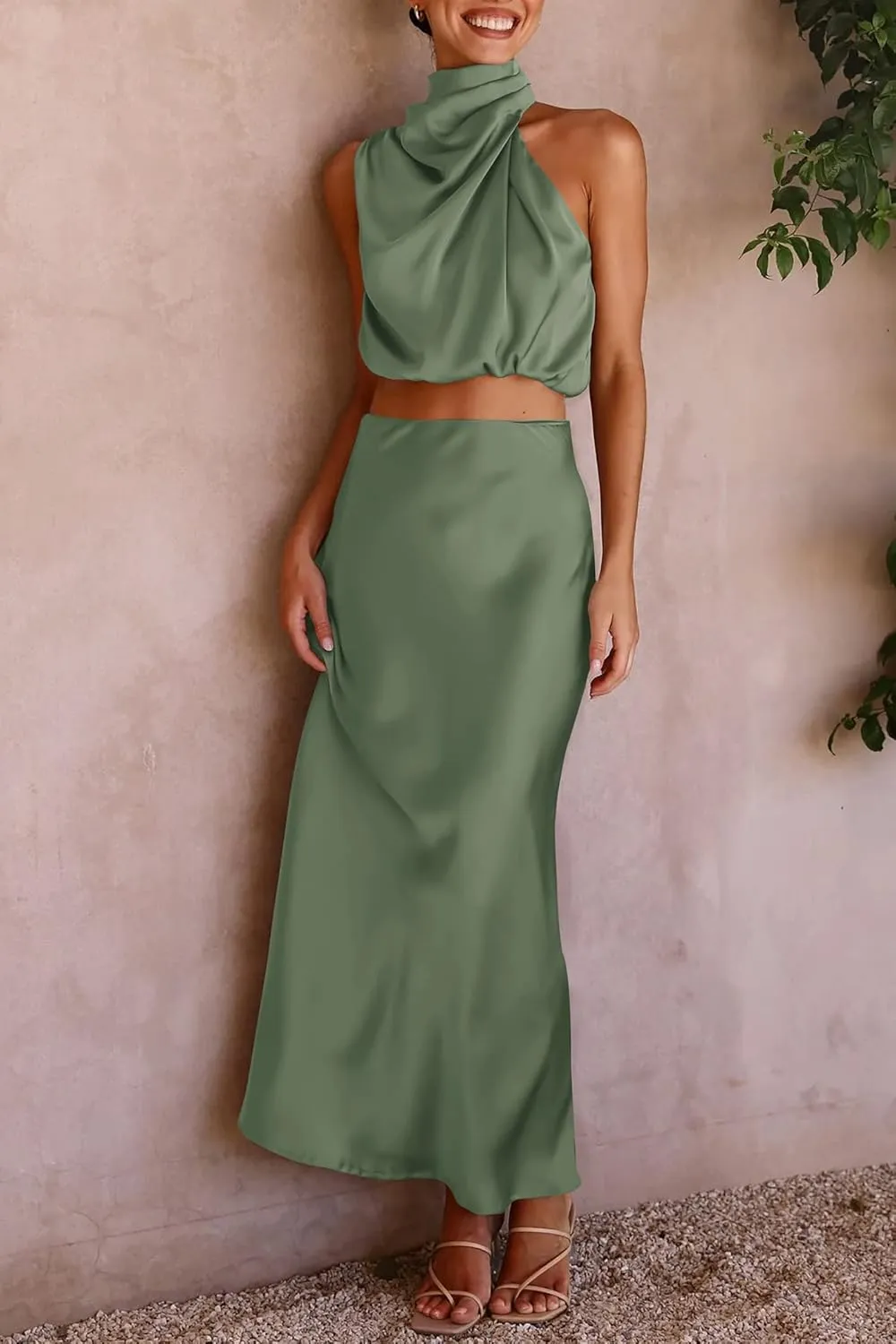 PRETTYGARDEN Women's 2 Piece Satin Outfits Summer Sleeveless Mock Neck Crop Tops and Long Skirt Dress Sets