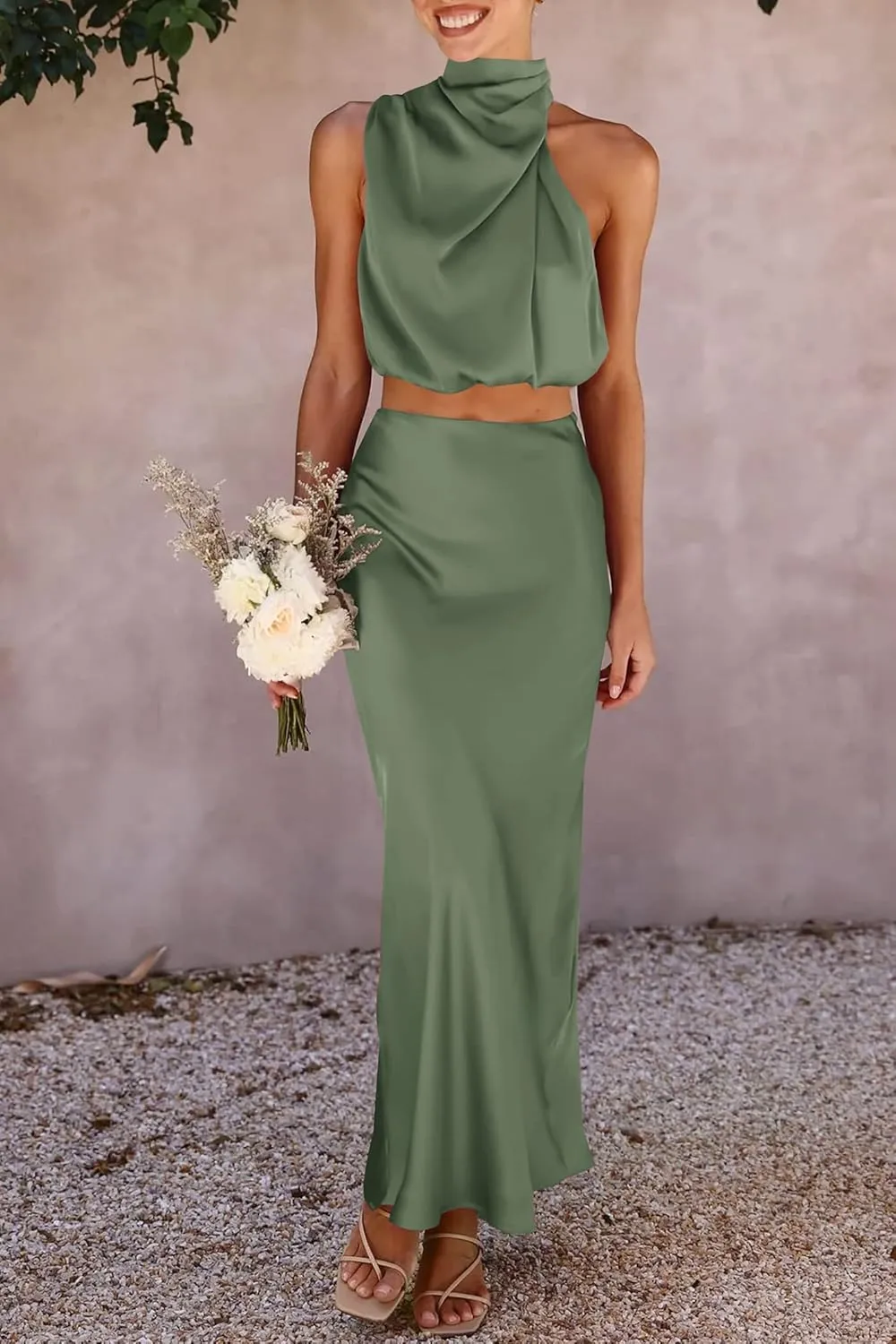 PRETTYGARDEN Women's 2 Piece Satin Outfits Summer Sleeveless Mock Neck Crop Tops and Long Skirt Dress Sets