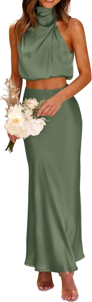 PRETTYGARDEN Women's 2 Piece Satin Outfits Summer Sleeveless Mock Neck Crop Tops and Long Skirt Dress Sets