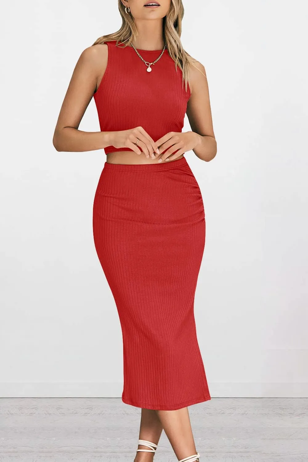 PRETTYGARDEN Women's 2 Piece Summer Outfits Crewneck Tank Tops Split Bodycon Midi Skirt Set