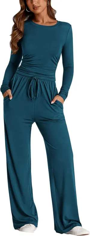 PRETTYGARDEN Women's Spring Fall Two Piece Outfits Tracksuits Long Sleeve Crop Tee Shirts Wide Leg Pants Matching Lounge Sets