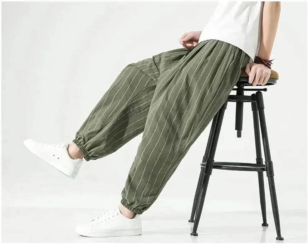Pulcykp Men Loose Casual Striped Harem Pants Elastic Waist Harajuku Wide Leg Trousers Street Sweatpants