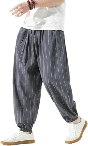 Pulcykp Men Loose Casual Striped Harem Pants Elastic Waist Harajuku Wide Leg Trousers Street Sweatpants