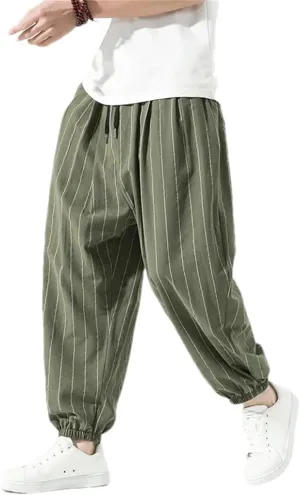 Pulcykp Men Loose Casual Striped Harem Pants Elastic Waist Harajuku Wide Leg Trousers Street Sweatpants