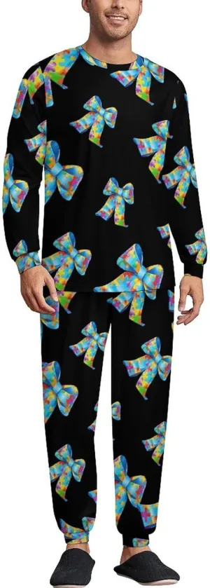 Puzzle Bow Tie Men's Pajamas Sets Round Neck Long Sleeve Shirts And Bottoms 2 Piece Pjs Loungewear