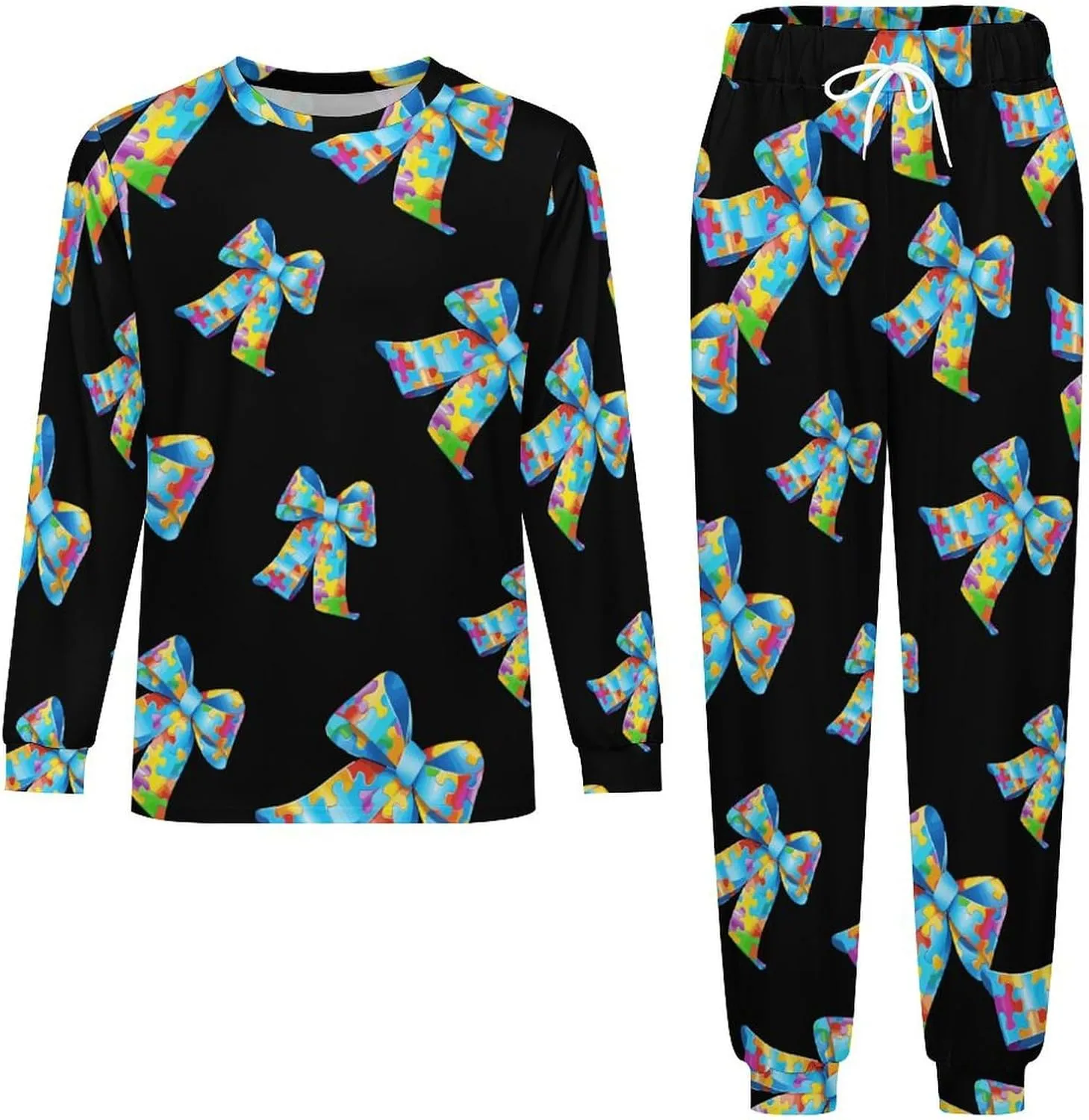 Puzzle Bow Tie Men's Pajamas Sets Round Neck Long Sleeve Shirts And Bottoms 2 Piece Pjs Loungewear