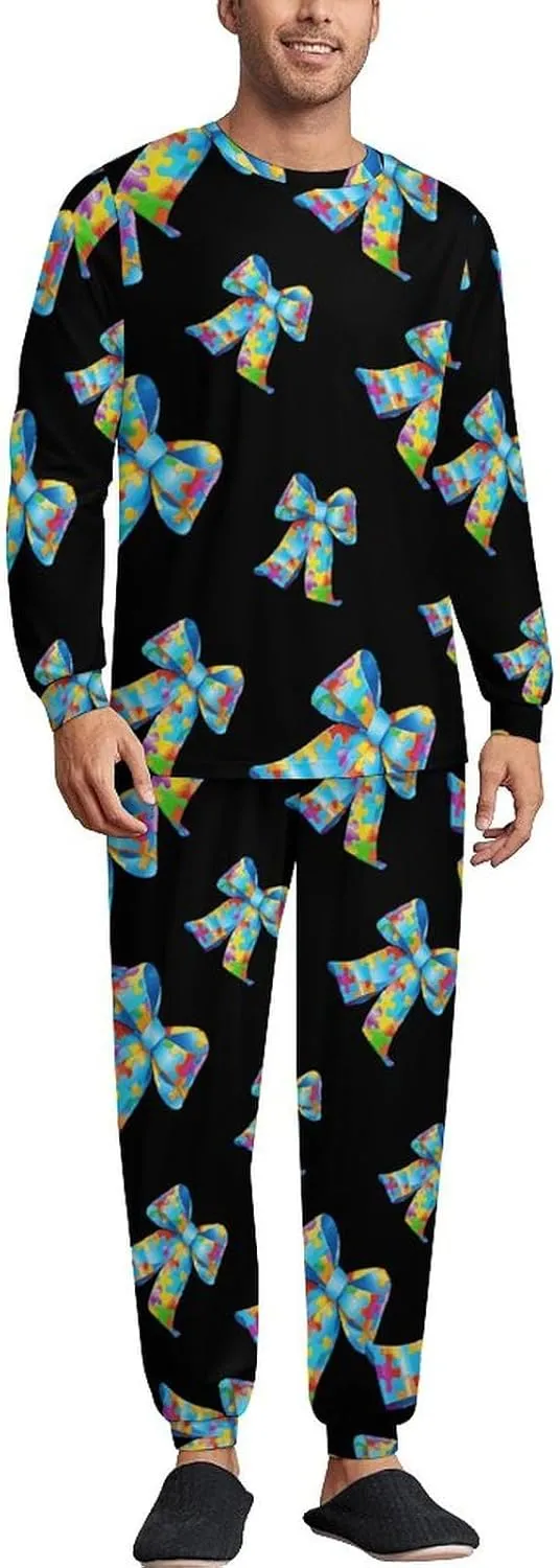 Puzzle Bow Tie Men's Pajamas Sets Round Neck Long Sleeve Shirts And Bottoms 2 Piece Pjs Loungewear