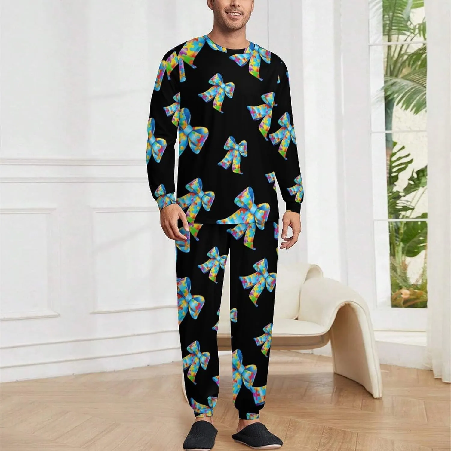 Puzzle Bow Tie Men's Pajamas Sets Round Neck Long Sleeve Shirts And Bottoms 2 Piece Pjs Loungewear