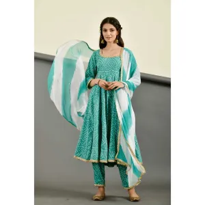 Rangpur Women Green Bandhan Anarkali (Set of 3)