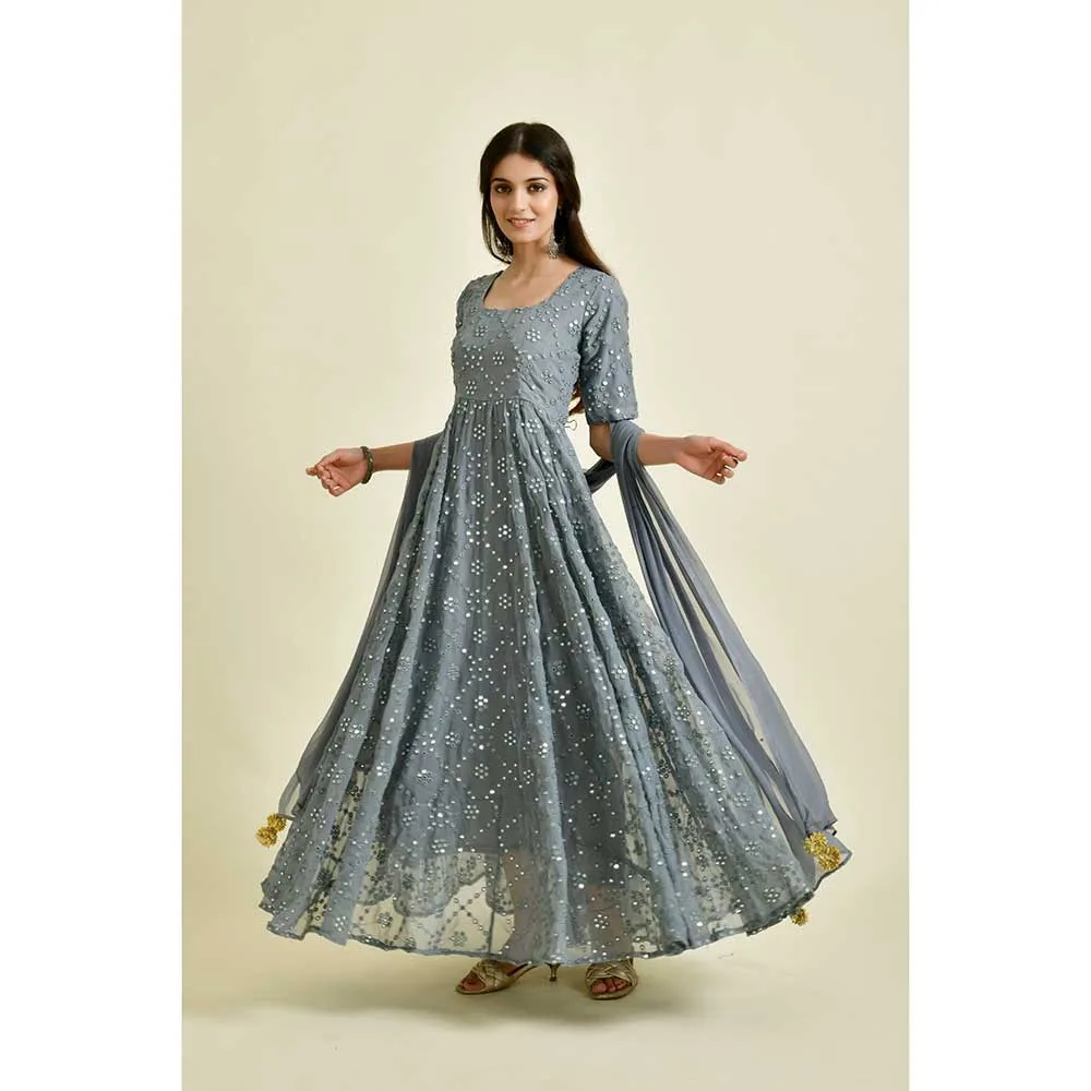 Rangpur Women Grey Mirror Anarkali (Set of 2)