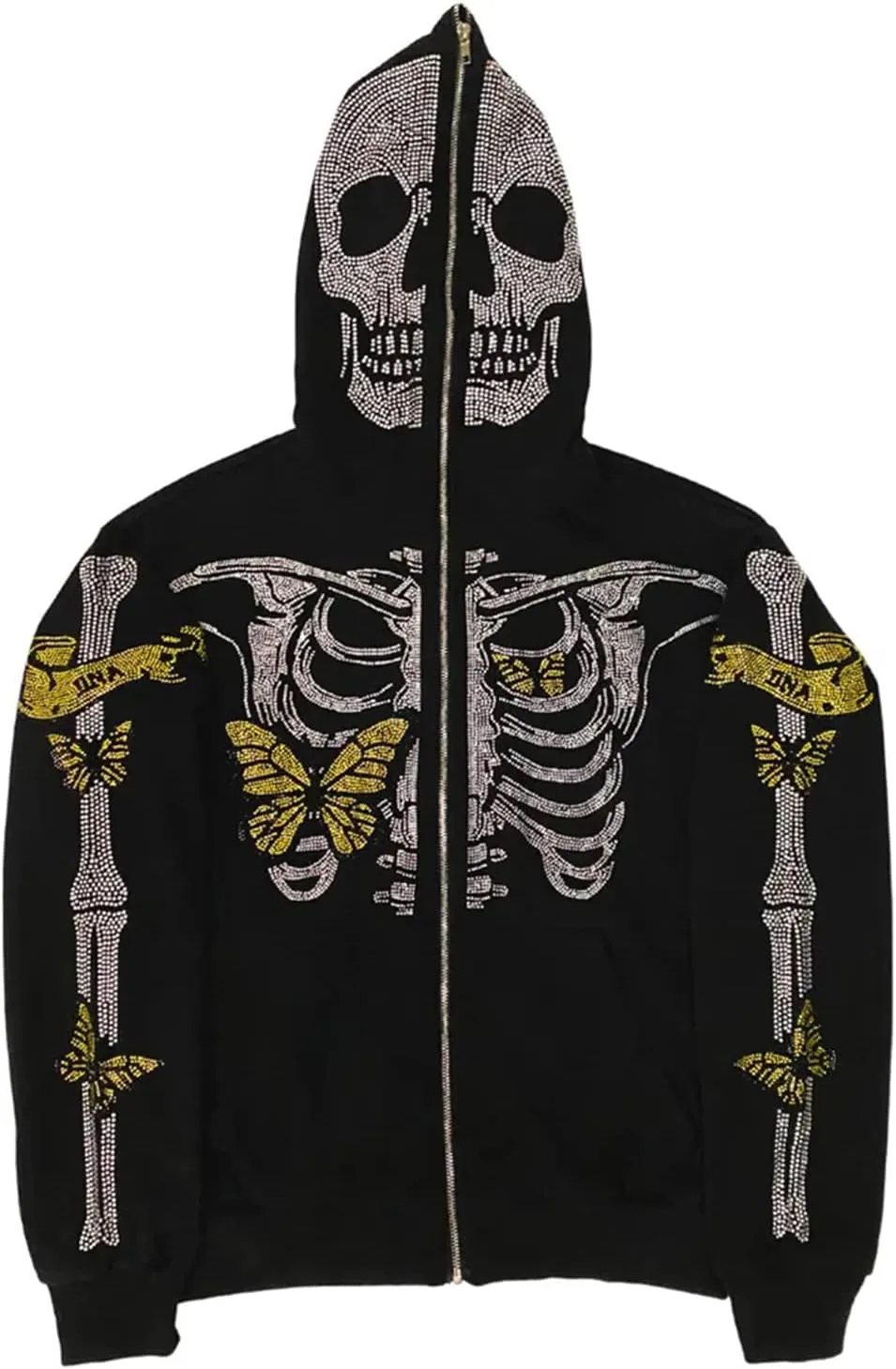 Raruxxin Women Rhinestone Y2k Hoodies Goth Punk Harajuku Jacket Skeleton Print Zip Up Pullover Oversized Vintage Streetwear