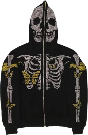 Raruxxin Women Rhinestone Y2k Hoodies Goth Punk Harajuku Jacket Skeleton Print Zip Up Pullover Oversized Vintage Streetwear