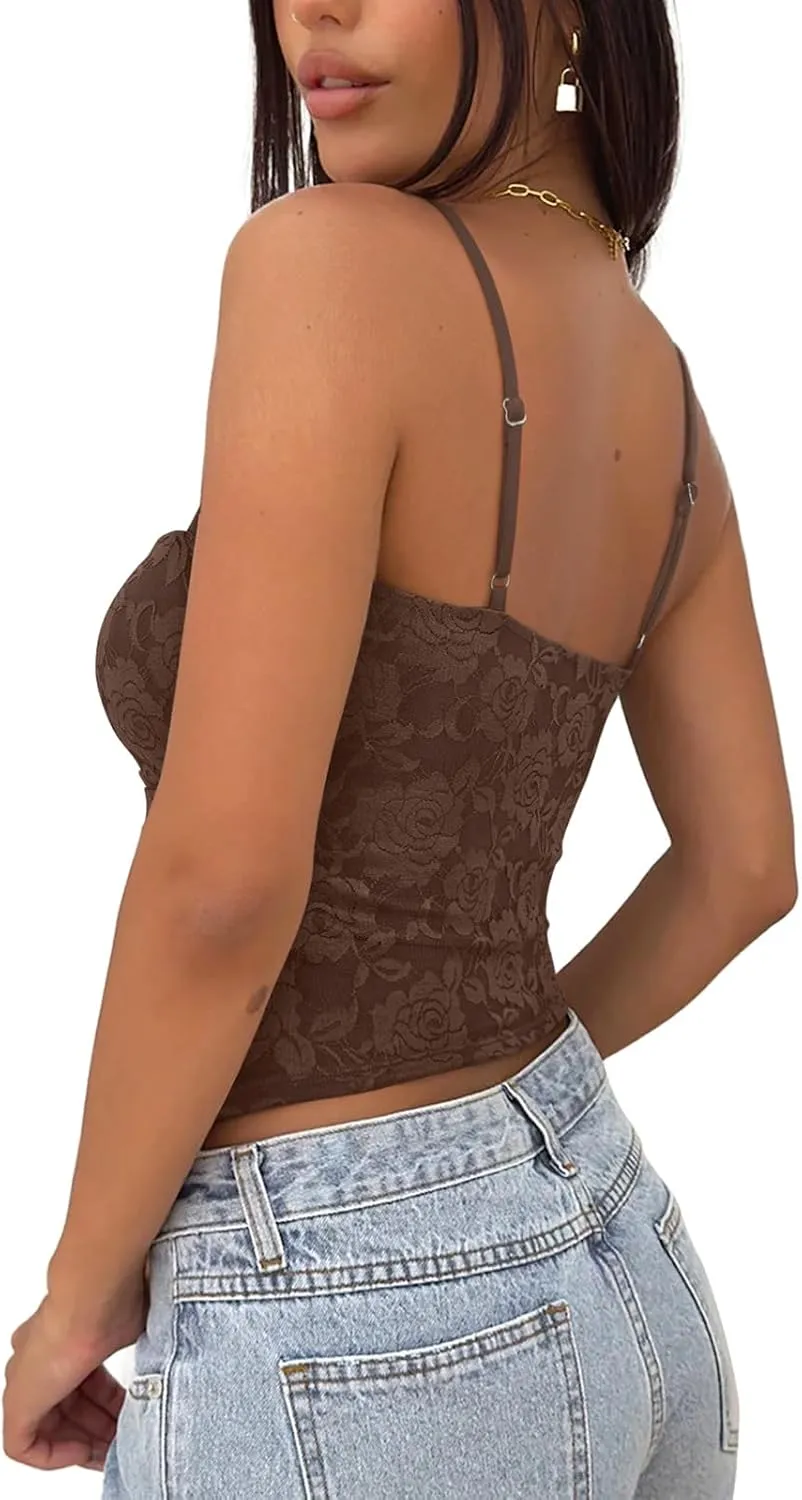 REORIA Going Out Tops for Women Summer Lace Tank Top Double Lined Y2K Backless Trendy Cute Crop Shirts 2025 Clothes