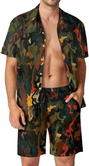 Rich Texture Pattern Mens Swimsuit 2 Pieces Set Quick Dry Shorts Shirts Summer Button Down Short Sleeve Set