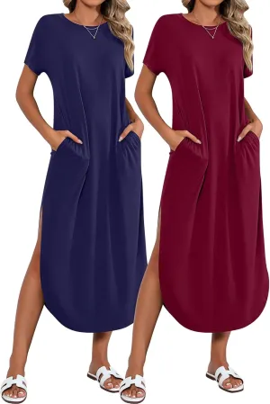 Riyiper 2 Pieces Women's Short Sleeve Maxi Dress Round Neck Casual Loose Split Long Summer Beach Shirt Dress with Pockets