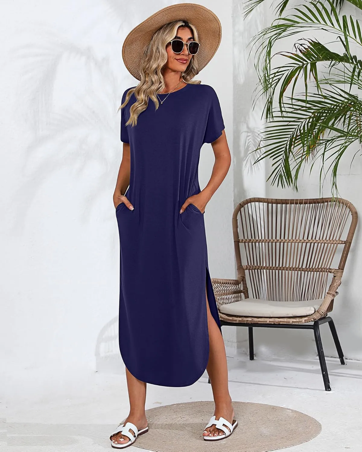 Riyiper 2 Pieces Women's Short Sleeve Maxi Dress Round Neck Casual Loose Split Long Summer Beach Shirt Dress with Pockets