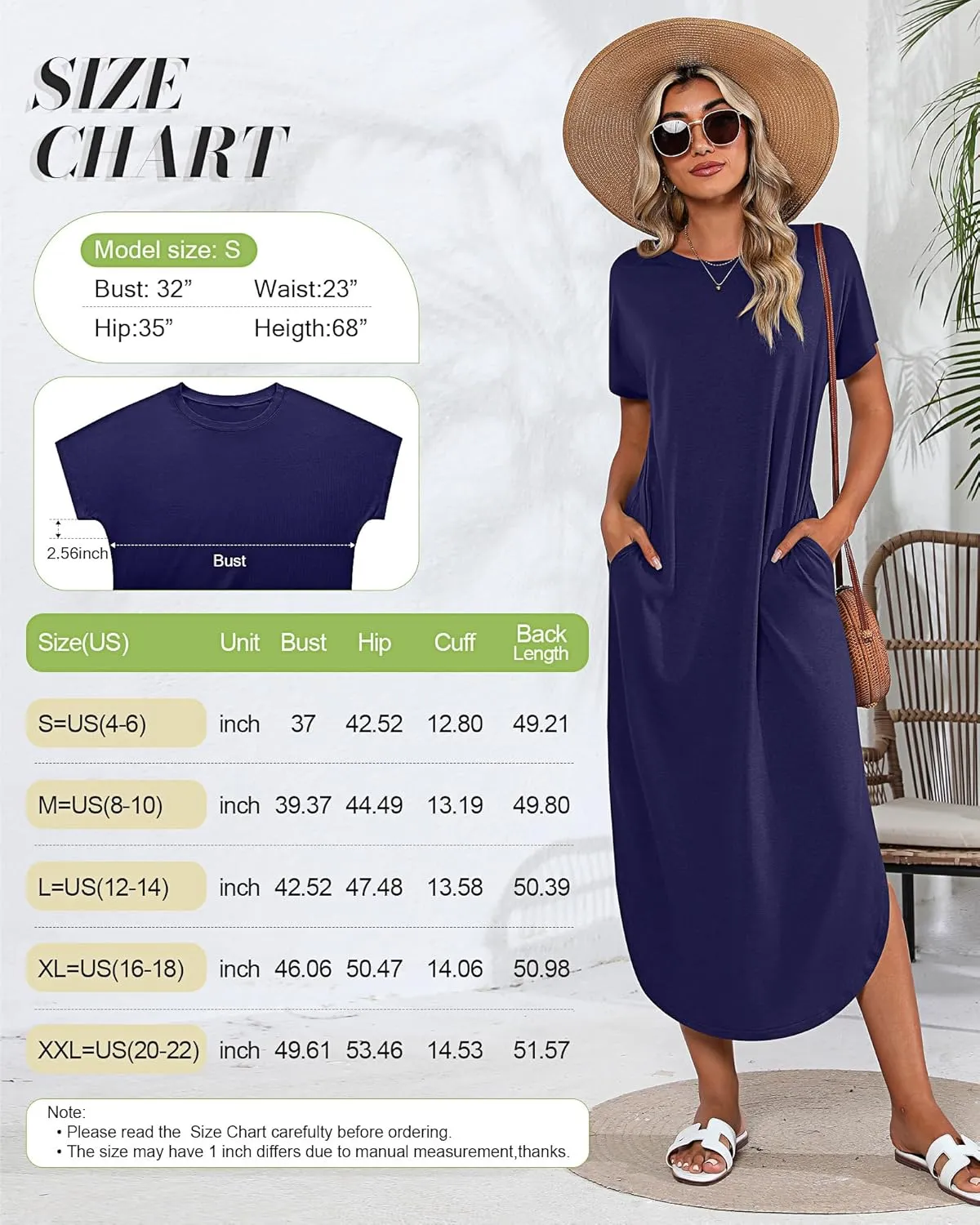 Riyiper 2 Pieces Women's Short Sleeve Maxi Dress Round Neck Casual Loose Split Long Summer Beach Shirt Dress with Pockets