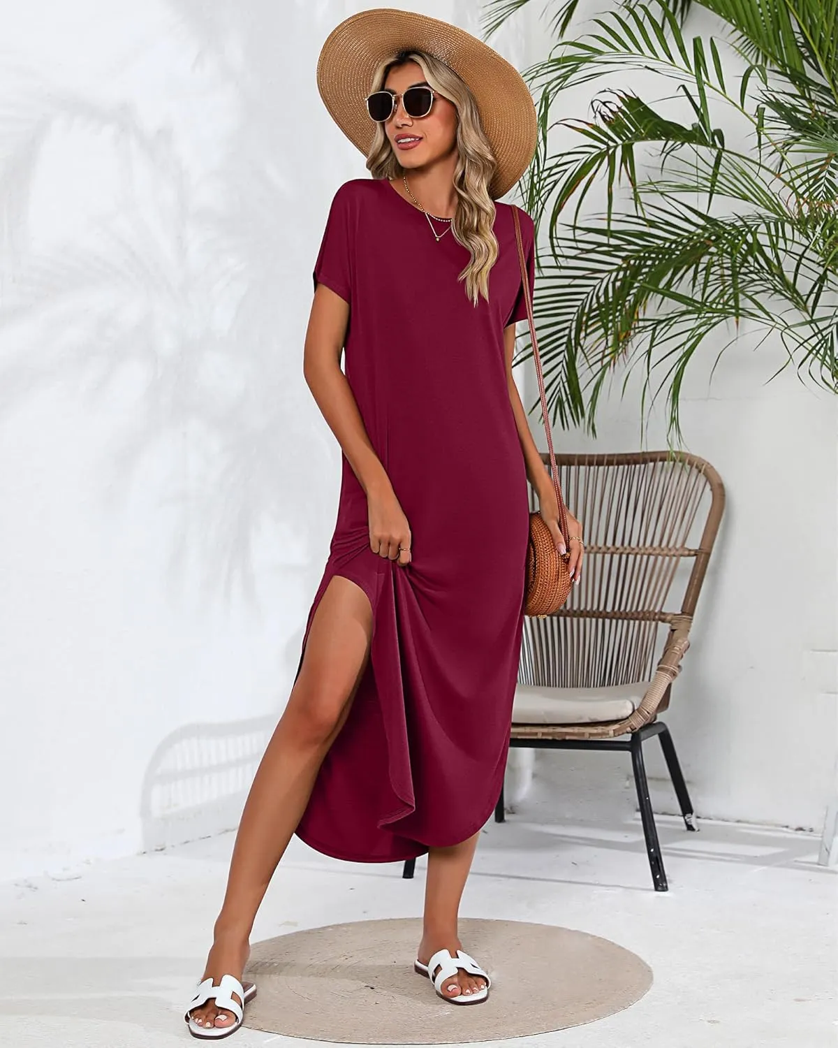 Riyiper 2 Pieces Women's Short Sleeve Maxi Dress Round Neck Casual Loose Split Long Summer Beach Shirt Dress with Pockets