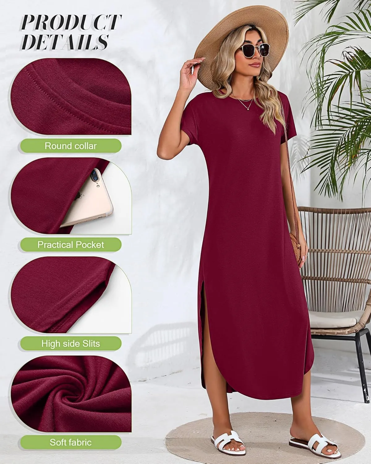 Riyiper 2 Pieces Women's Short Sleeve Maxi Dress Round Neck Casual Loose Split Long Summer Beach Shirt Dress with Pockets