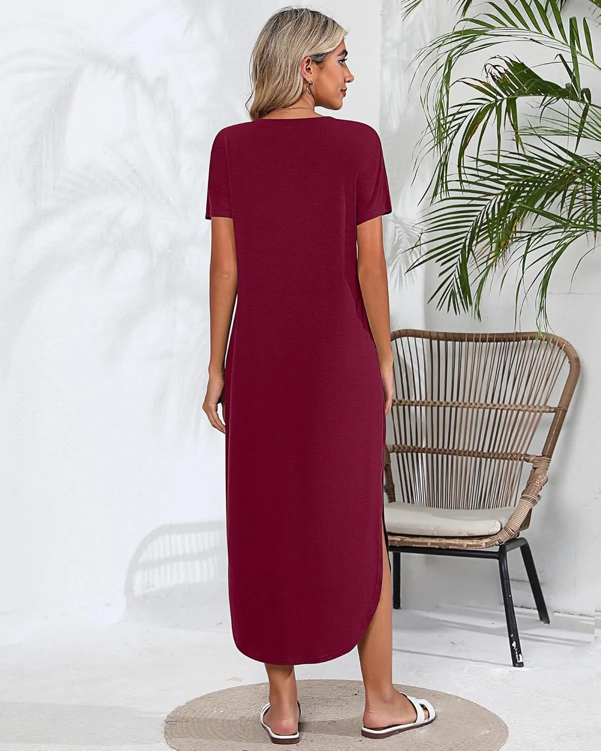 Riyiper 2 Pieces Women's Short Sleeve Maxi Dress Round Neck Casual Loose Split Long Summer Beach Shirt Dress with Pockets