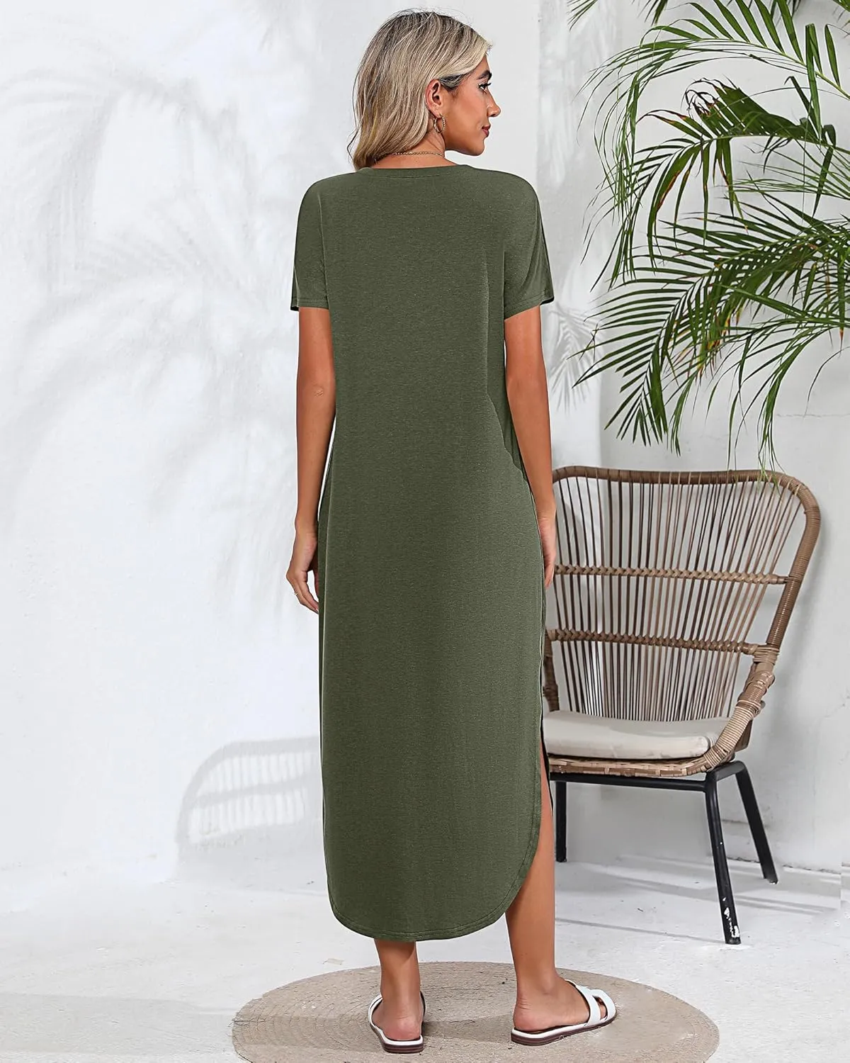 Riyiper 2 Pieces Women's Short Sleeve Maxi Dress Round Neck Casual Loose Split Long Summer Beach Shirt Dress with Pockets