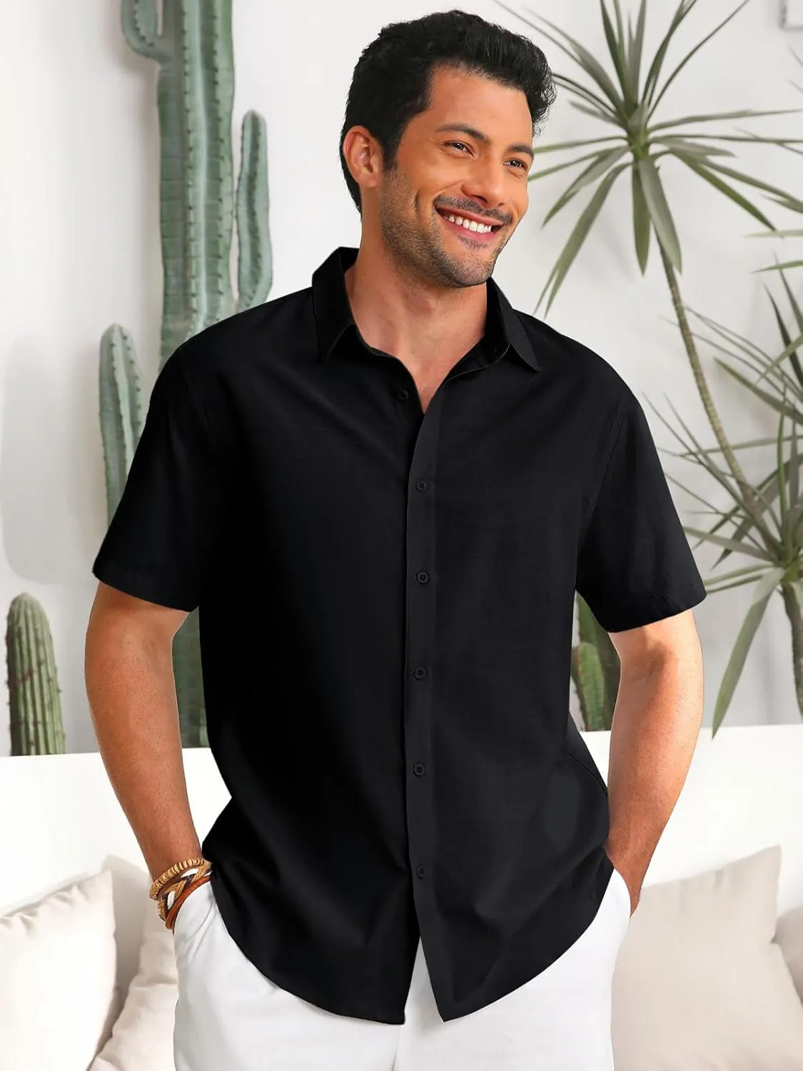 Runcati Mens Button Down Linen Shirts Short Sleeve Casual Collared Summer Beach Untucked Tops