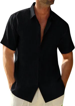 Runcati Mens Button Down Linen Shirts Short Sleeve Casual Collared Summer Beach Untucked Tops