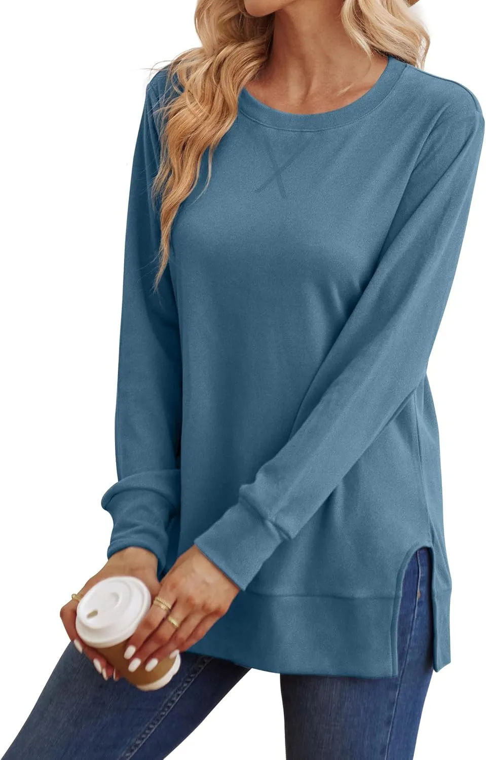 Saloogoe Sweatshirt for women Side Split Fall Fashion 2025 Long Sleeve Shirts Trending Now