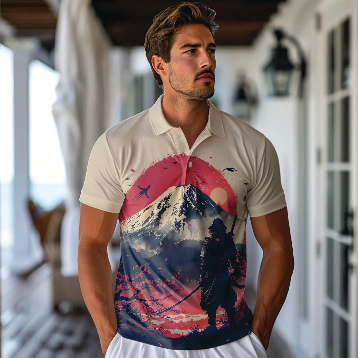 Samurai Golf Shirt Men Funny Golf Polos for Men Dry Fit- Warrior Golf Polo Shirts Hawaiian Polo Golf Outfits (MP_PL_21)