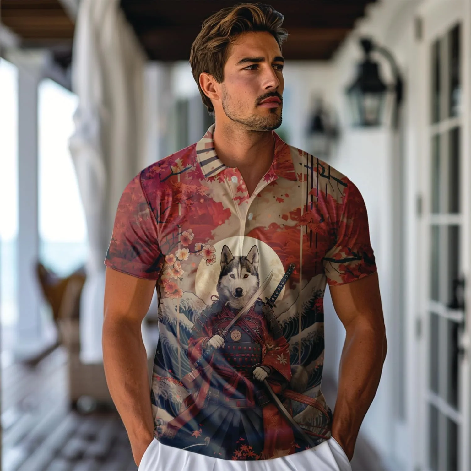 Samurai Golf Shirt Men Funny Golf Polos for Men Dry Fit- Warrior Golf Polo Shirts Hawaiian Polo Golf Outfits (MP_PL_21)