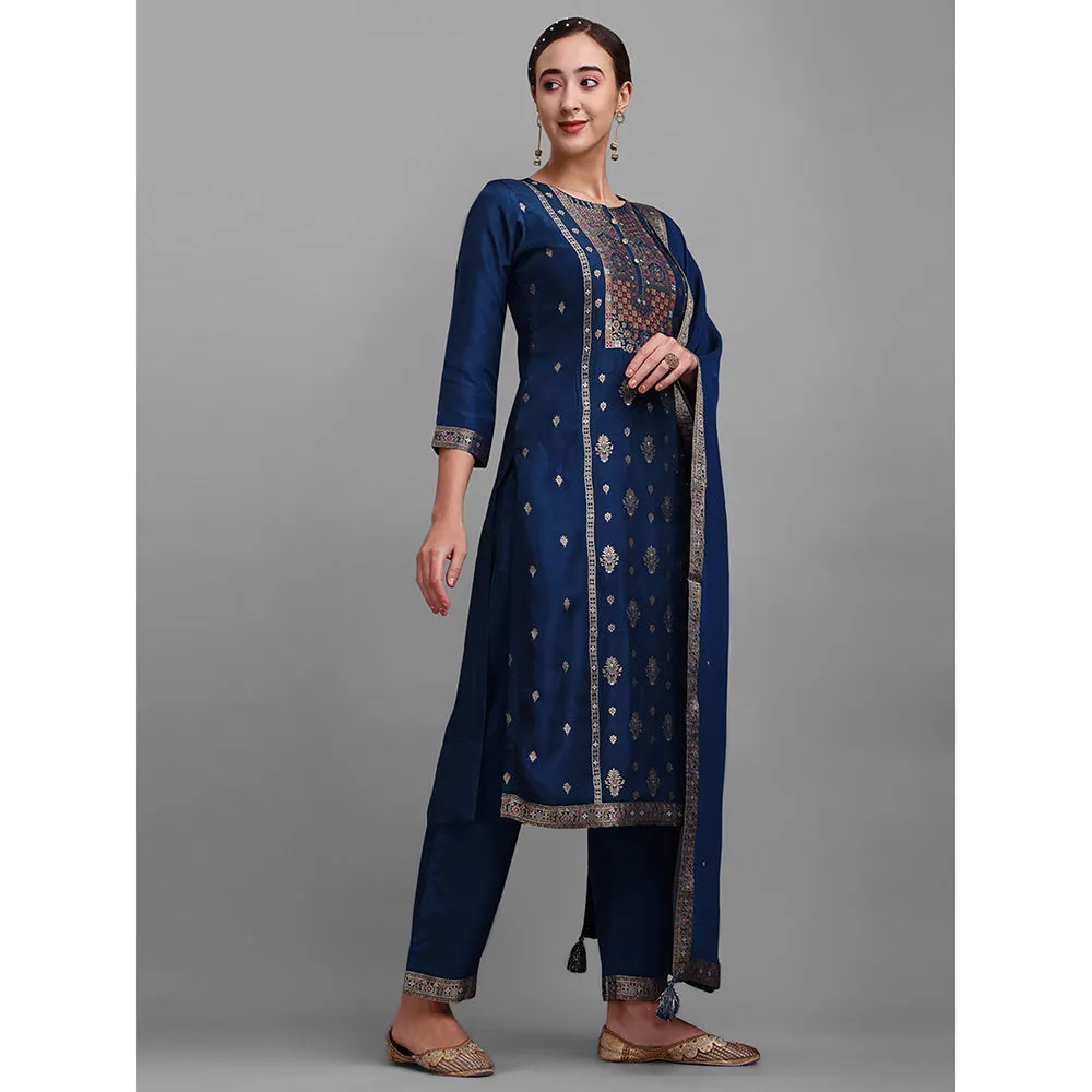 Seerat Blue Woven Silk Straight Kurta with Trousers & Dupatta (Set of 3)