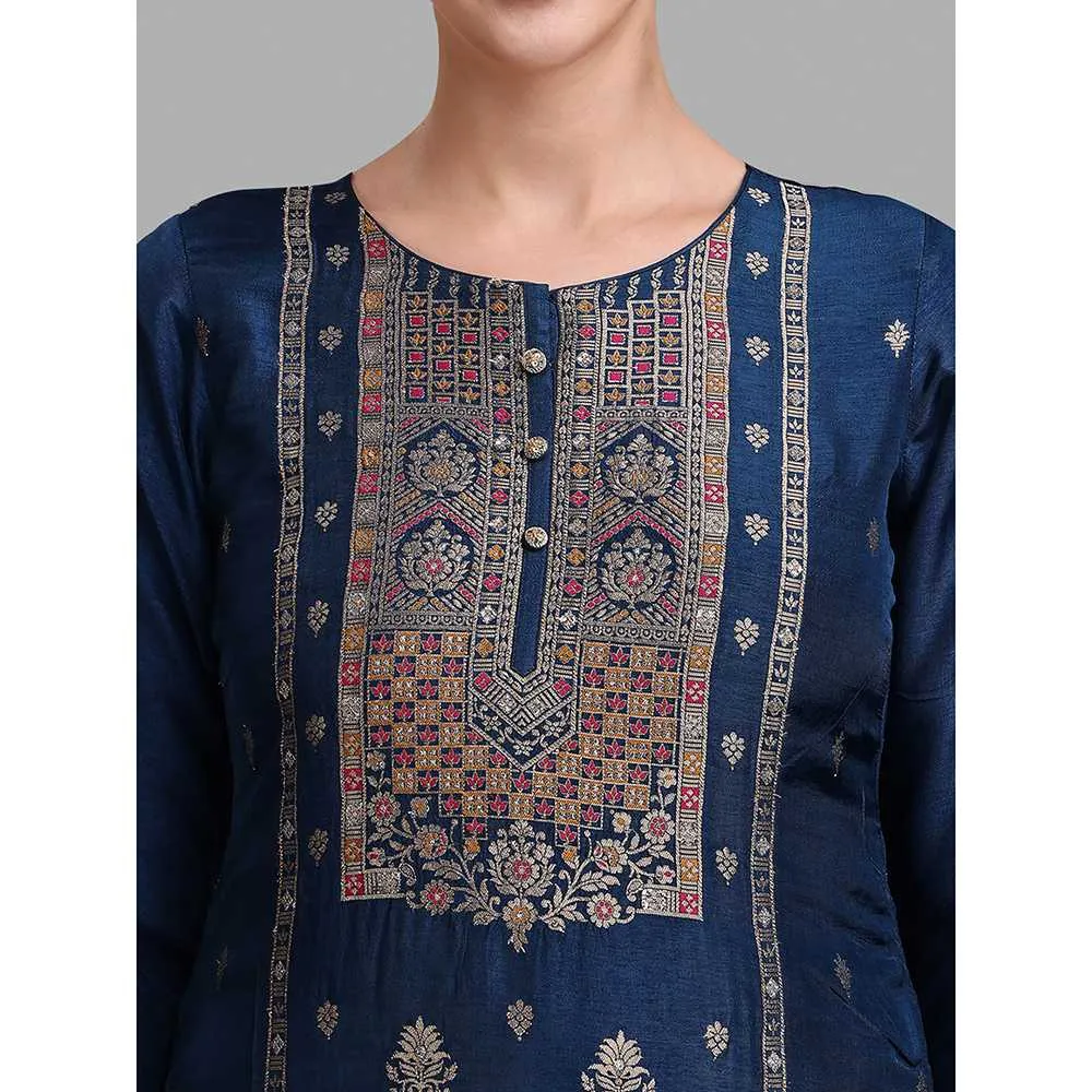 Seerat Blue Woven Silk Straight Kurta with Trousers & Dupatta (Set of 3)