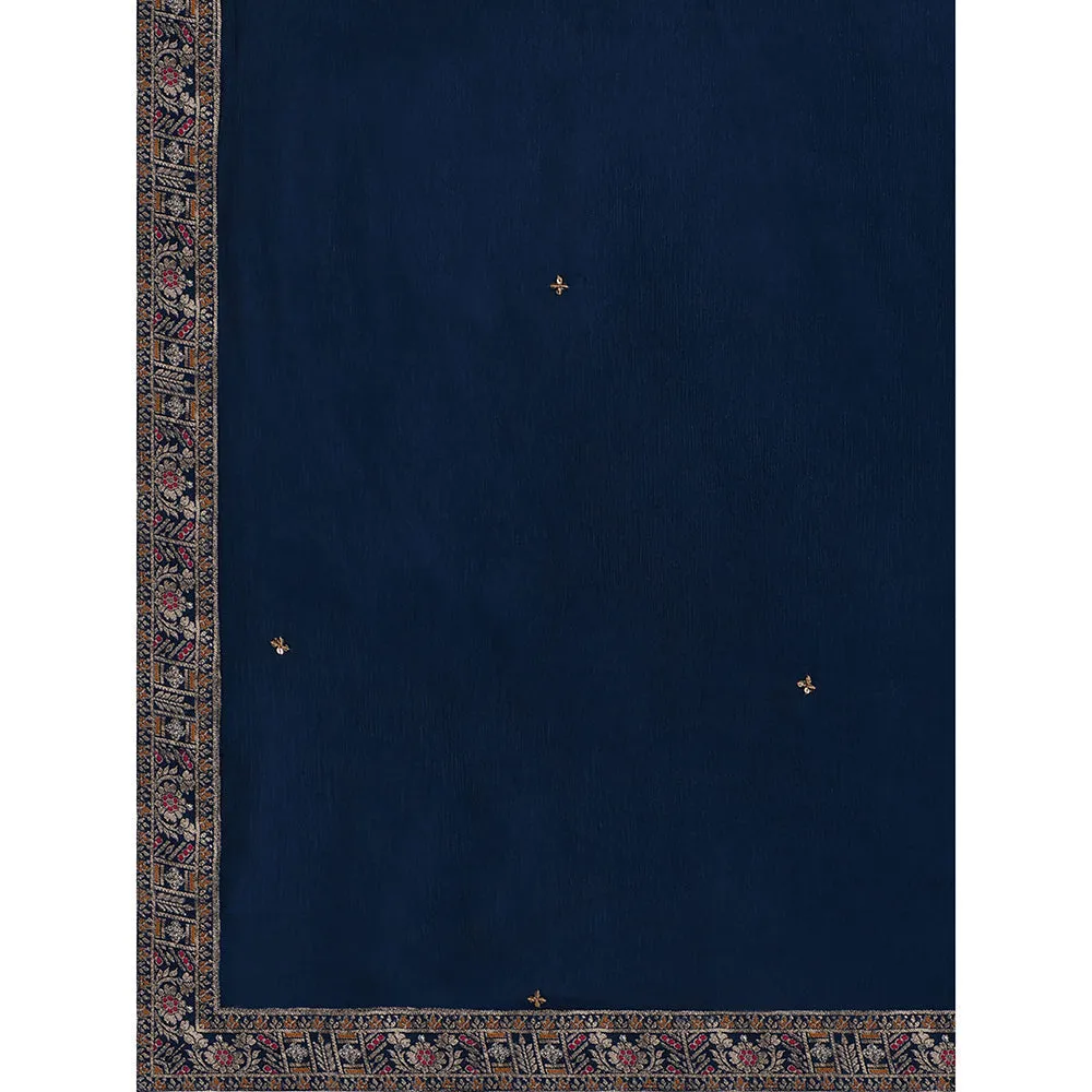 Seerat Blue Woven Silk Straight Kurta with Trousers & Dupatta (Set of 3)