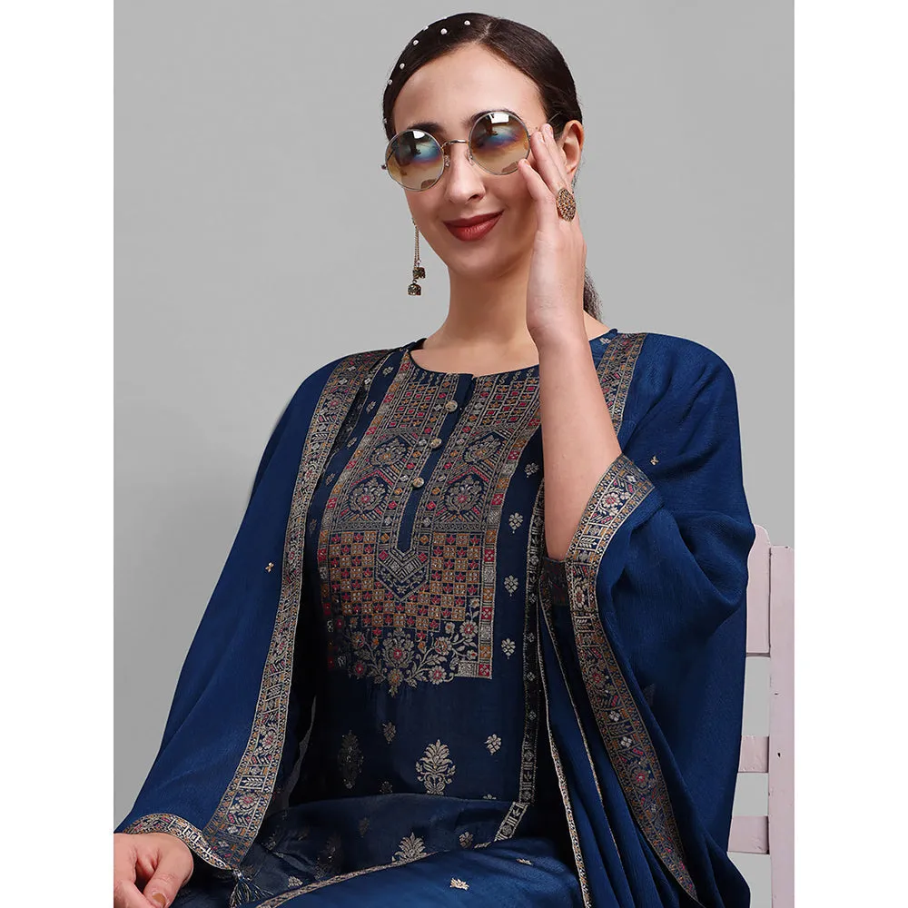 Seerat Blue Woven Silk Straight Kurta with Trousers & Dupatta (Set of 3)