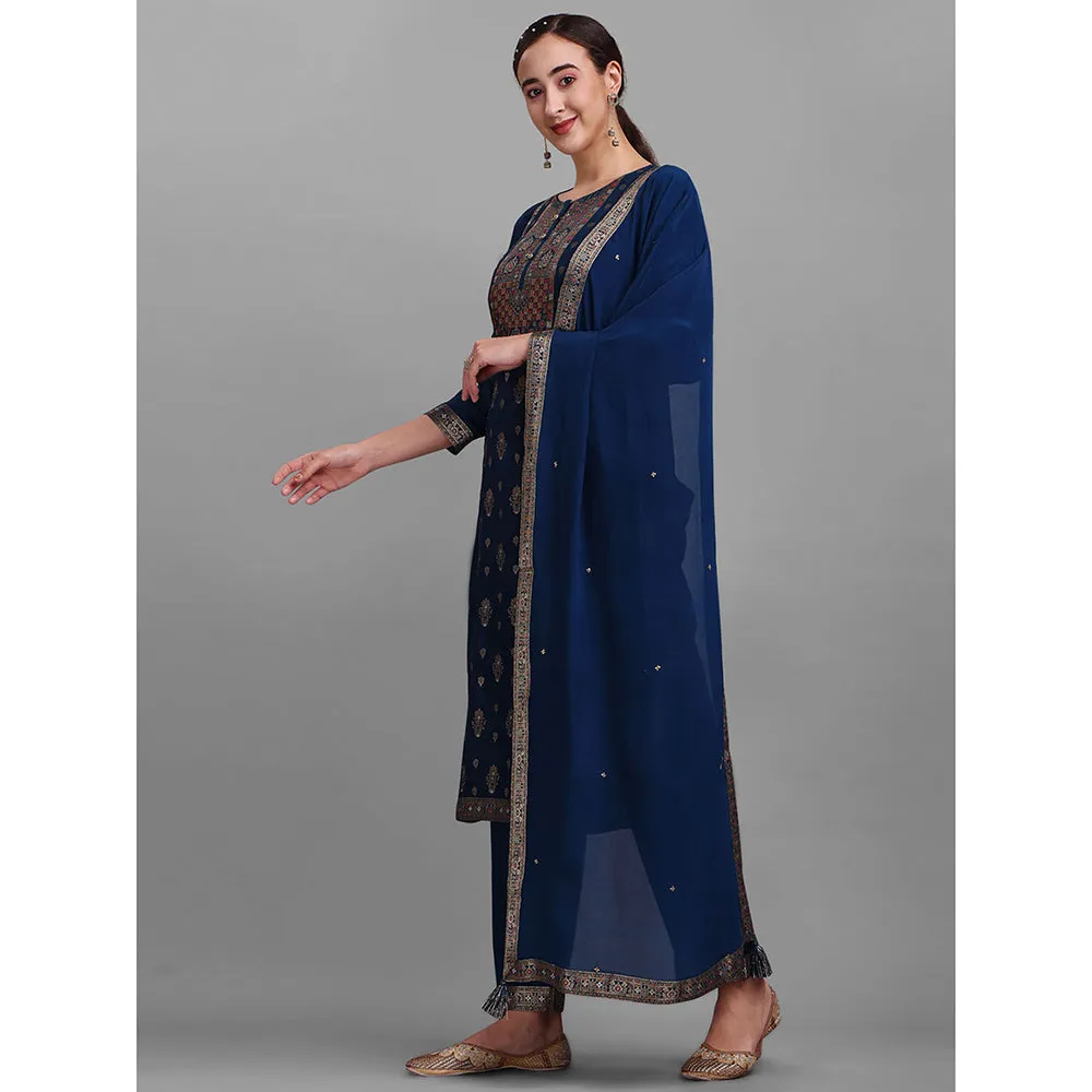 Seerat Blue Woven Silk Straight Kurta with Trousers & Dupatta (Set of 3)