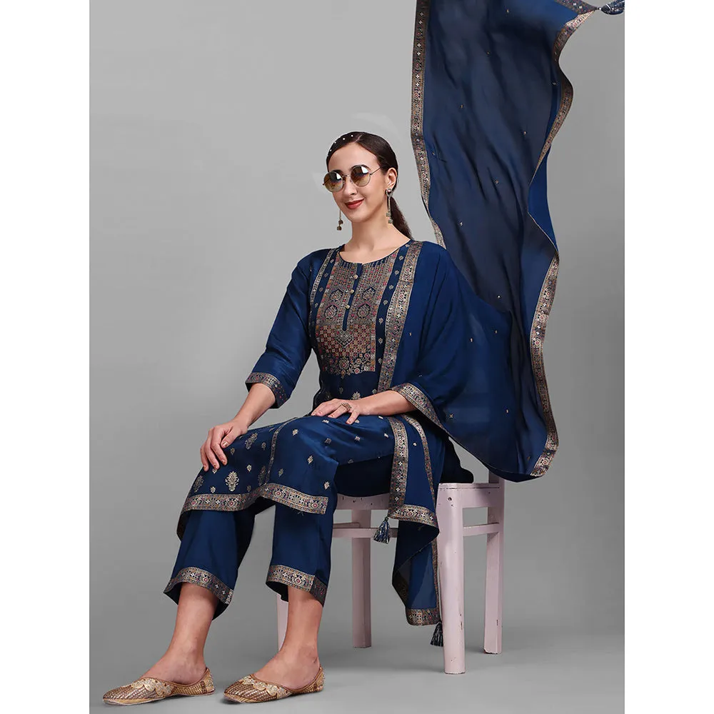 Seerat Blue Woven Silk Straight Kurta with Trousers & Dupatta (Set of 3)