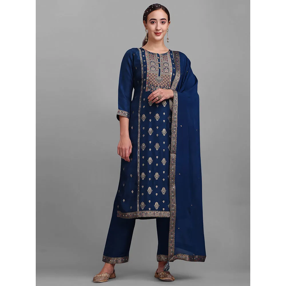 Seerat Blue Woven Silk Straight Kurta with Trousers & Dupatta (Set of 3)