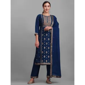 Seerat Blue Woven Silk Straight Kurta with Trousers & Dupatta (Set of 3)