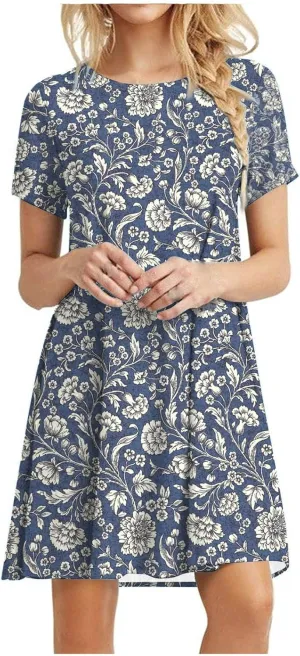 Short Sleeve Midi Dress for Women Floral Babydoll Dresses Crewneck Fit and Flare Dress Spring Break Dresses