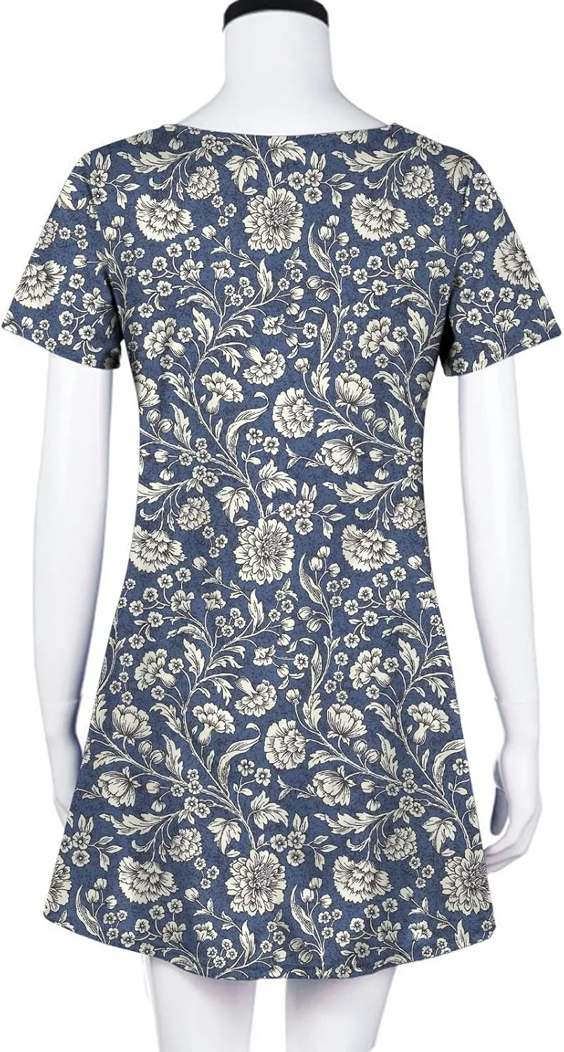 Short Sleeve Midi Dress for Women Floral Babydoll Dresses Crewneck Fit and Flare Dress Spring Break Dresses