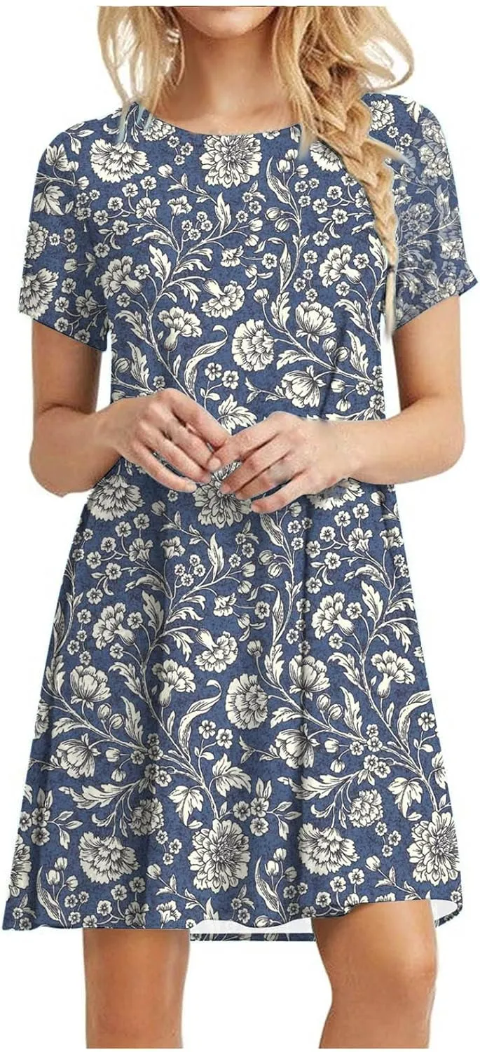 Short Sleeve Midi Dress for Women Floral Babydoll Dresses Crewneck Fit and Flare Dress Spring Break Dresses