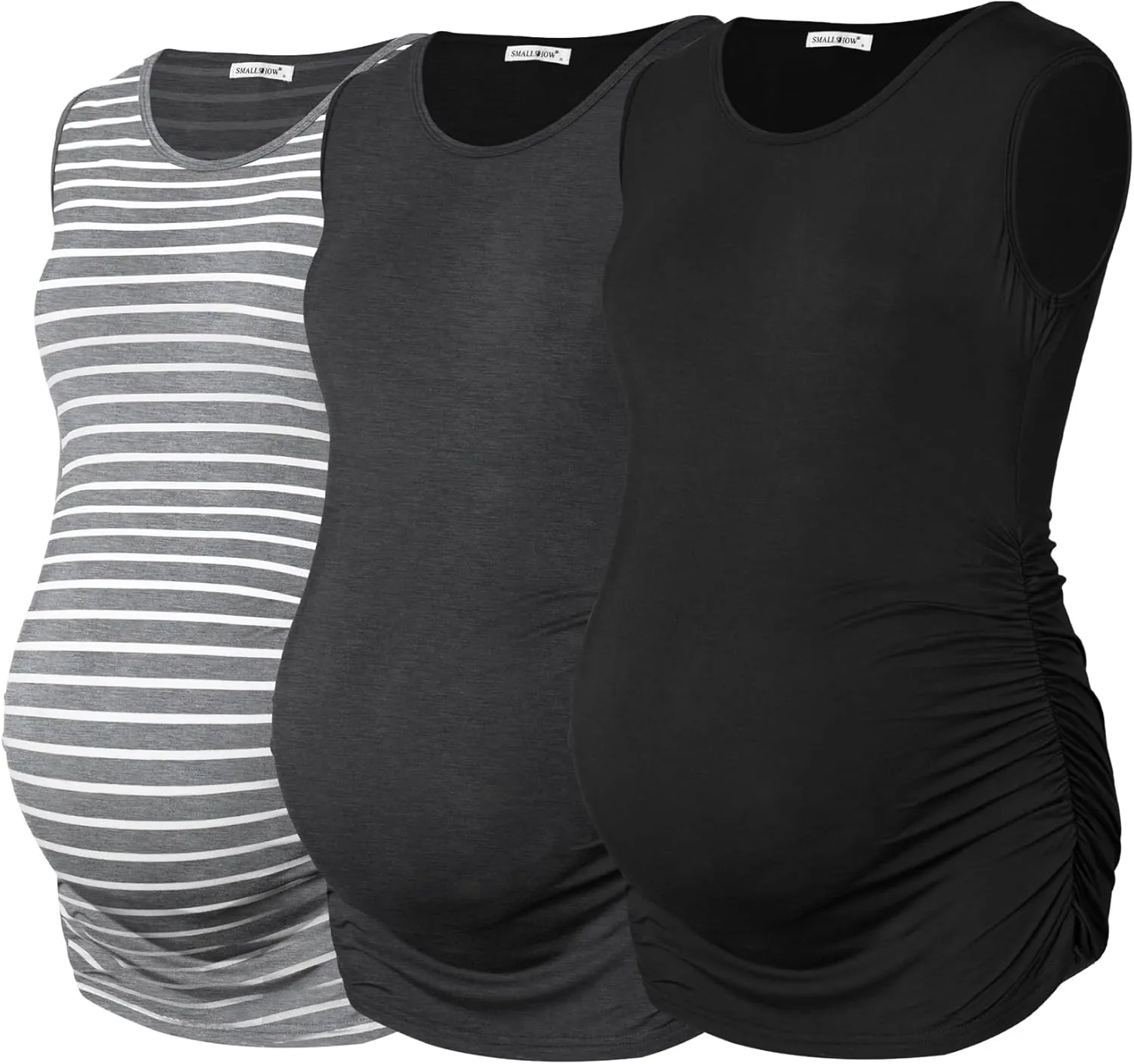 Smallshow Women's Sleeveless Maternity Tank Tops Ruched Pregnancy Clothes 3-Pack
