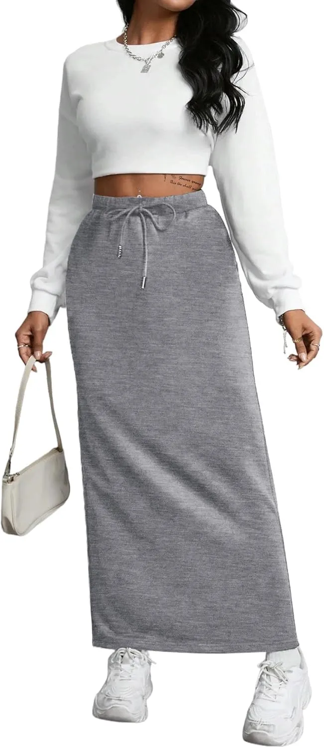 SOFIA'S CHOICE Women's Drawstring Skirt High Waist A Line Maxi Skirts with Pockets