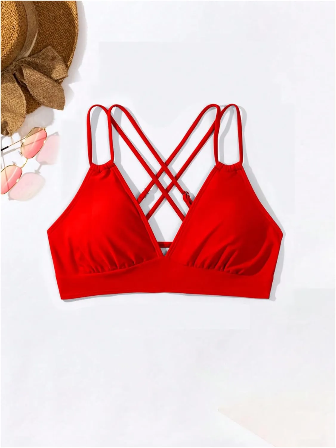 SOLY HUX Women's Bikini Tops V Neck Criss Cross Back Spaghetti Strap Padded Bathing Suit Swim Top Only